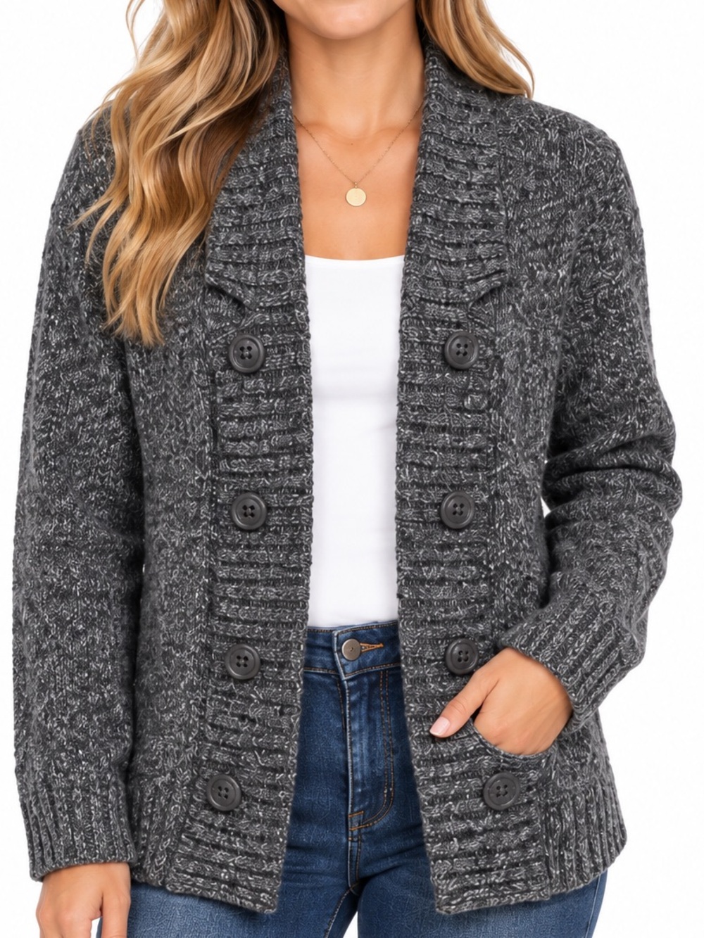 Christopher & Banks  Large Women's Gray Knit Button-Front Cardigan Sweater